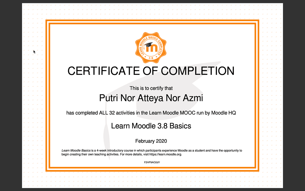 Learn Moodle 3.8 Basics Certification of Completion