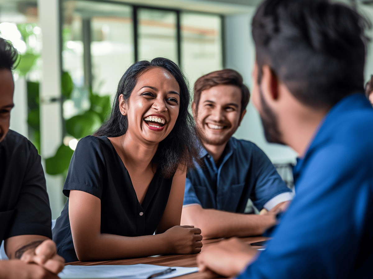 A diverse group of individuals laughing and engaging in a collaborative discussion around a table.