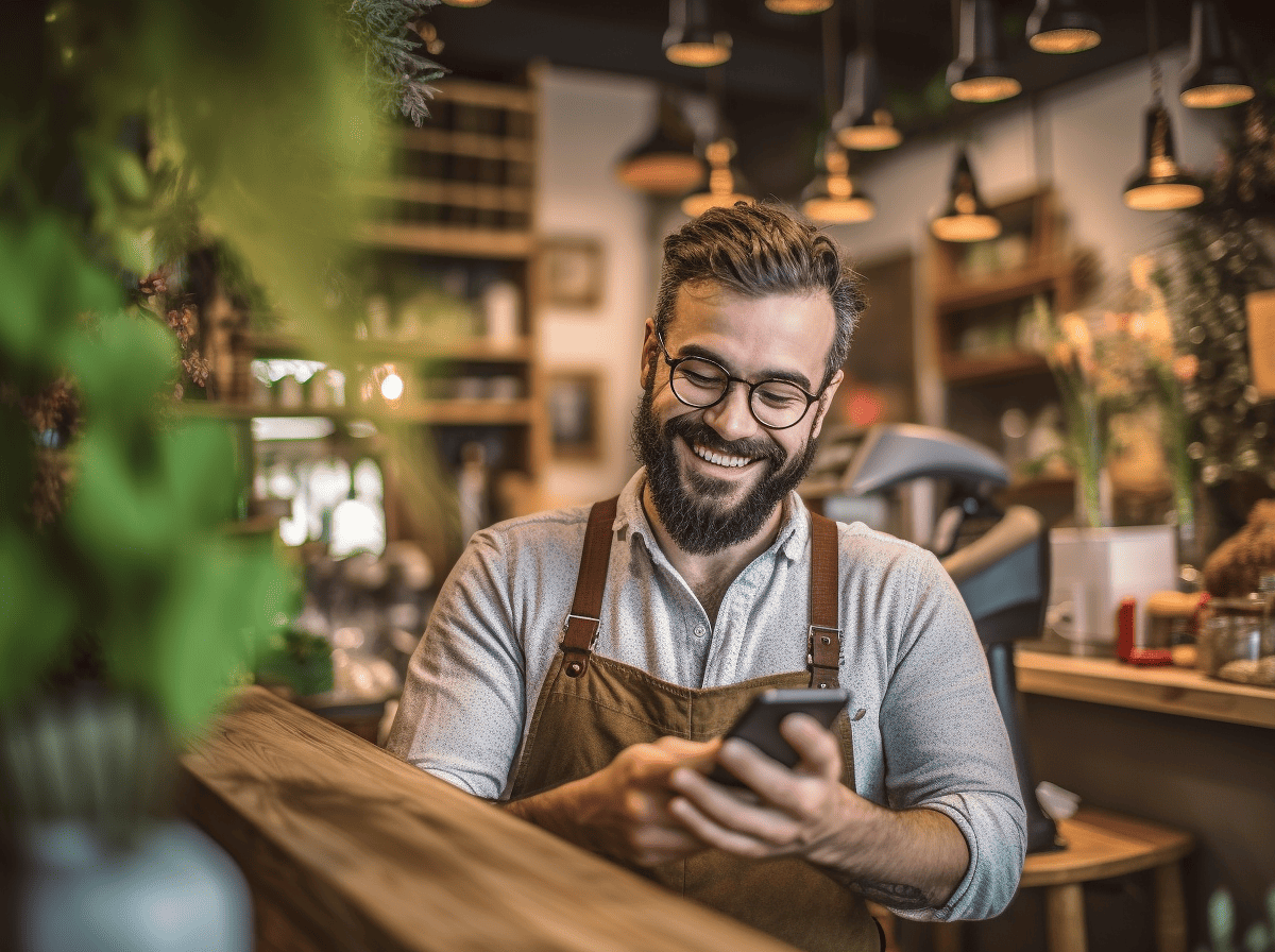 A happy barista using a smartphone in a coffee shop setting