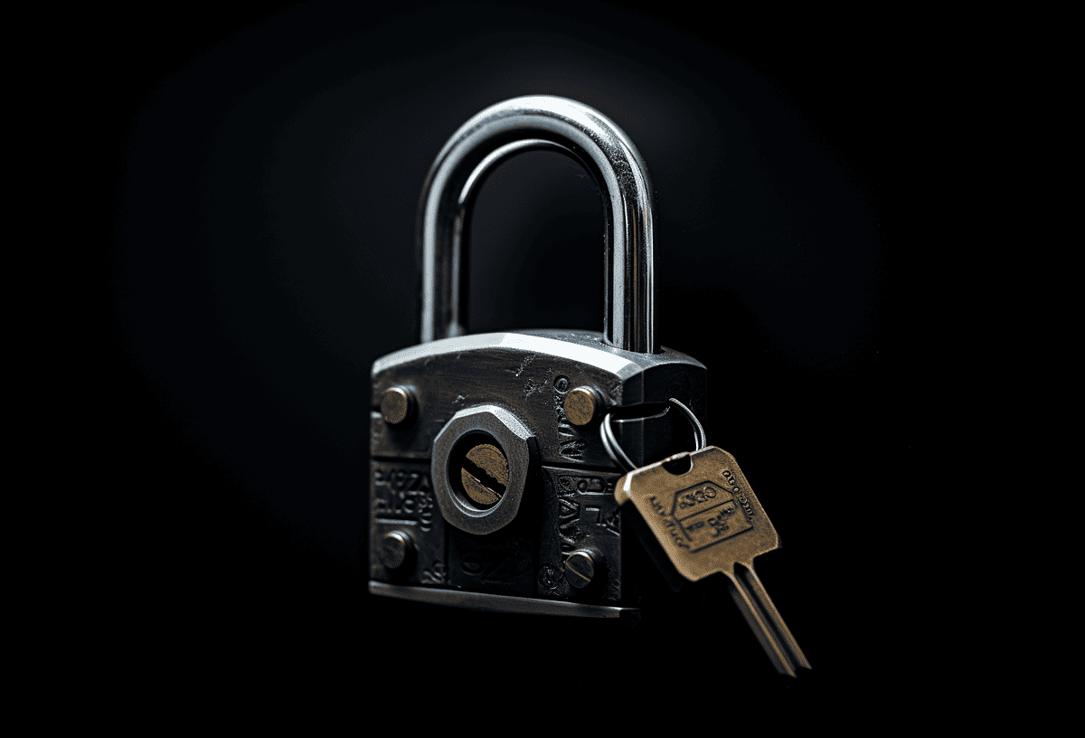 A close-up image of a padlock with a key attached, set against a black background.