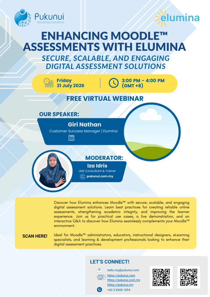 Enhancing Moodle™ Assessments with Elumina: Secure, Scalable, and Engaging Digital Assessment Solutions 2 July2026 Webinar Poster Elumina